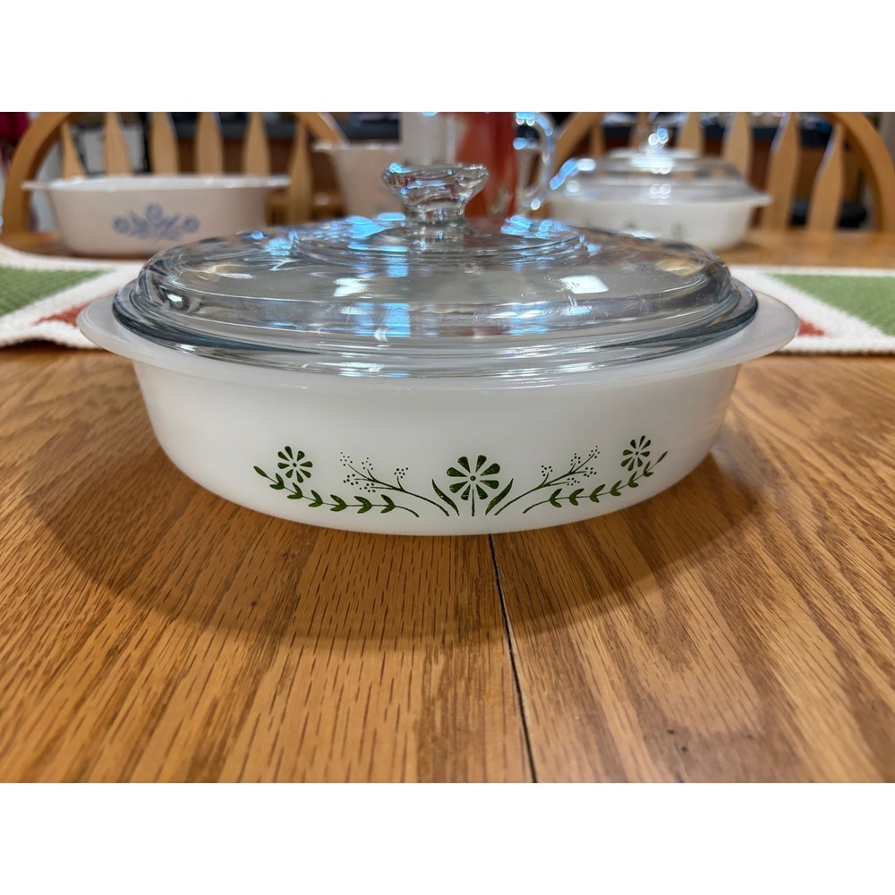 Glasbake Green Daisy Milk Glass Round Casserole Dish with Lid J2629 Vintage MCM